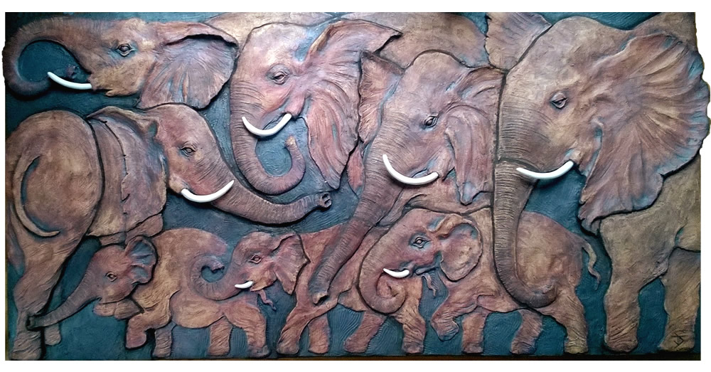 Elephant herd wall art II ceramic sculpture by Jane Carola Davies